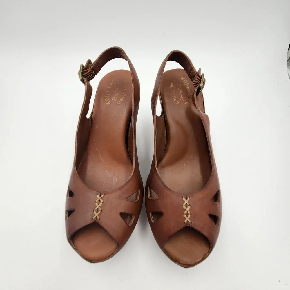 Kork-Ease Bette Tan Leather Platform Wedge Sandals Slingback Peep Toe Brown 9